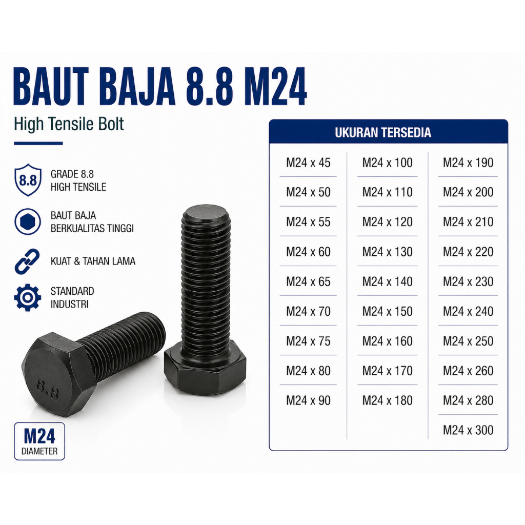Baja 8.8 Baut M24X300 / Baut 24X300 / M24 X 300 / 24 X 300  Grade 8.8 HTB - High Tensile Bolt Half D