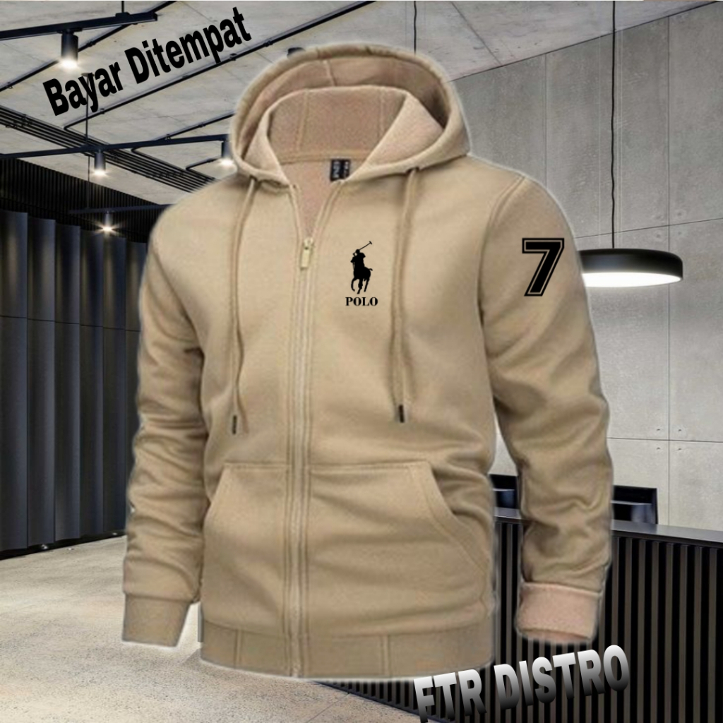 (COD) Jaket Resleting Distro Logo Polo+7 Text Hitam Jaket Pria Wanita Terkeren Jaket Denim Distro Ka