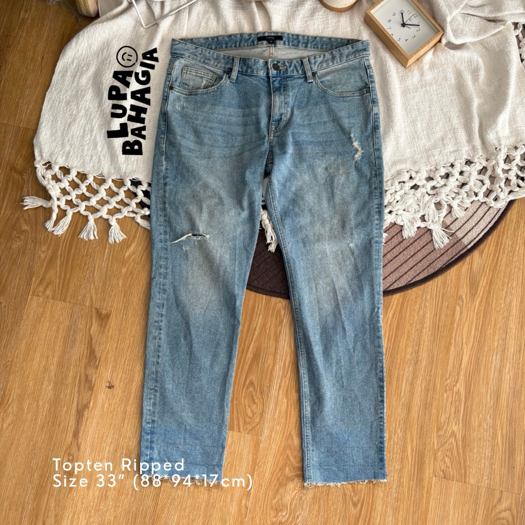 TOPTEN Blue Ripped Unfinish Slim Stretch Jeans Long Pants 33" • 100% Original (Celana Panjang)