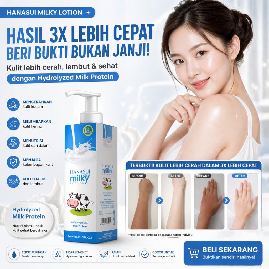HANDBODY SUSU SAPI PEMUTIH BADAN PERMANEN - LOTION PEMUTIH TUBUH HANASUI NEW GLUTA MILKY BPOM