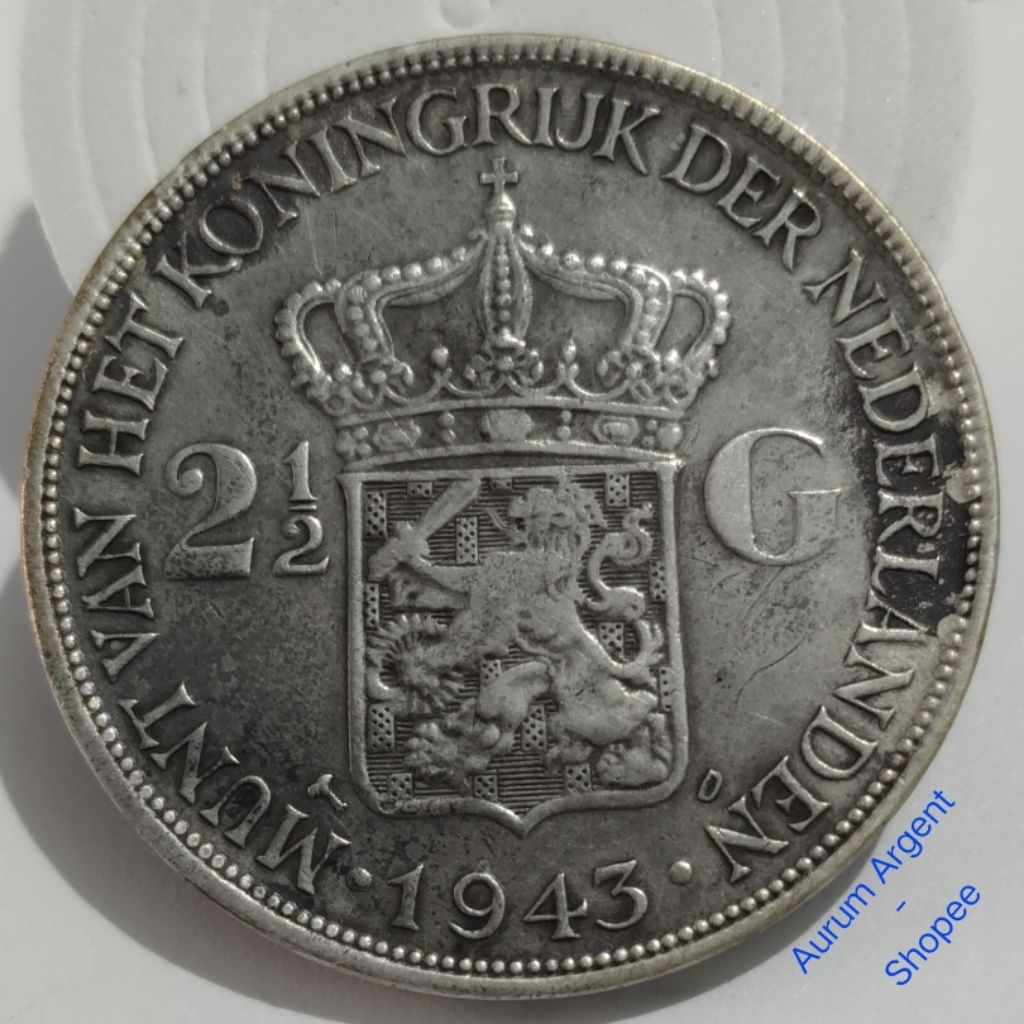 H2.5G.1-- 1 PC KOIN PERAK KUNO ASLI 2.5 GULDEN WILHELMINA TH 1943 -- SILVER COIN --
