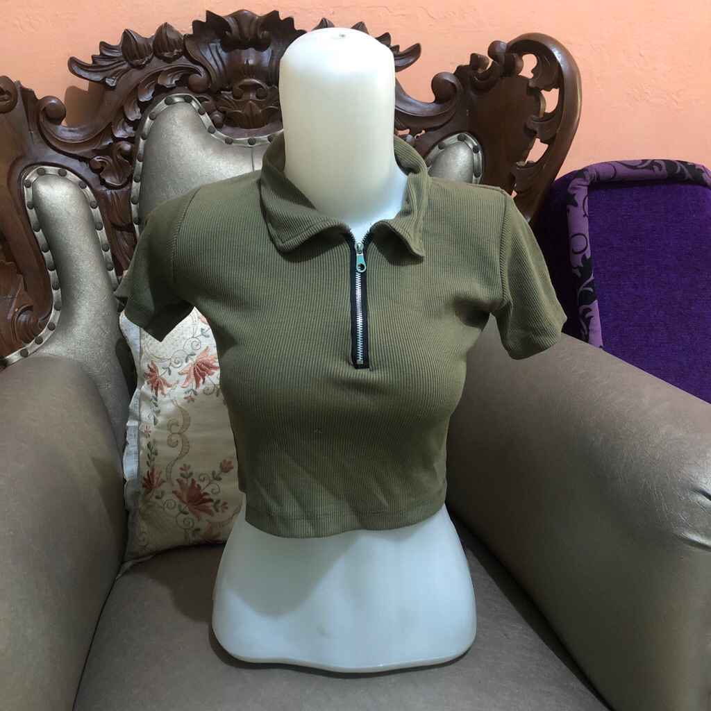 Collar Top army crop top zipper atasan hijau army kemeja