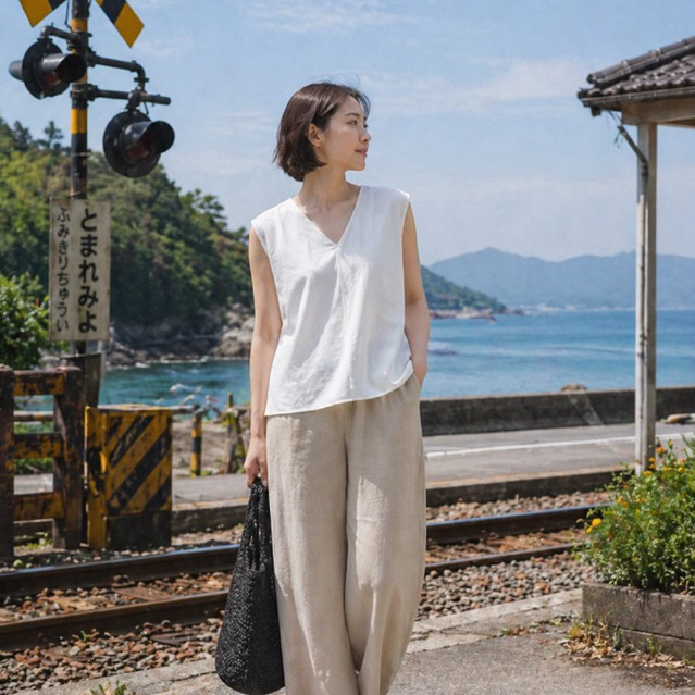 Kemeja Top Outer Blouse Uniqlo Women's Polyester Blouse V Neck Sleeveless Original Hitam Putih Maroo