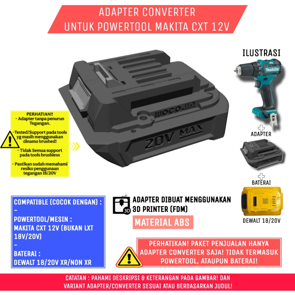 Adapter Baterai Dewalt 18/20V - U/Tool CXT 12V (Makita), 3DPrint ABS