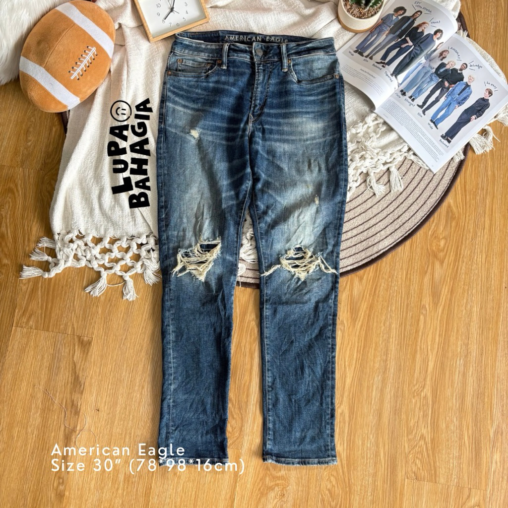 AMERICAN EAGLE Blue Fading Riped Slim Stretch Jeans Long Pants size 30" • 100% Original (Celana Panj