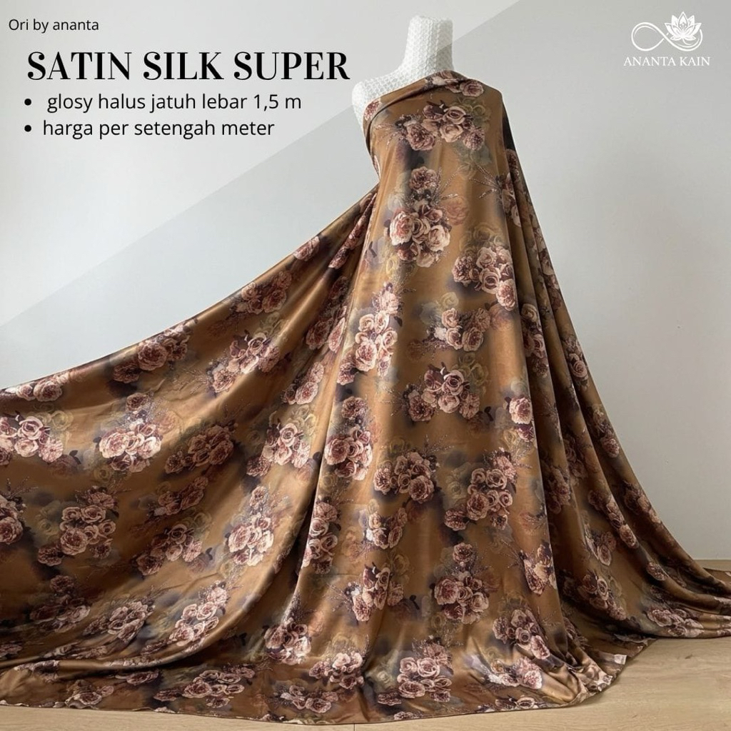 Kain Satin Silk Super Motif Bunga Mawar Cokelat / Satin Motif untuk Gamis, Dress, & Bridesmaid - Per