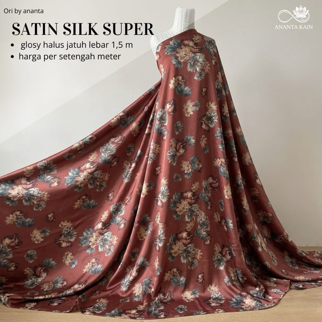 Bahan Kain Satin Silk Super Motif Bunga Mawar Bata / Satin Silk Mewah untuk Gamis & Dress Kondangan 