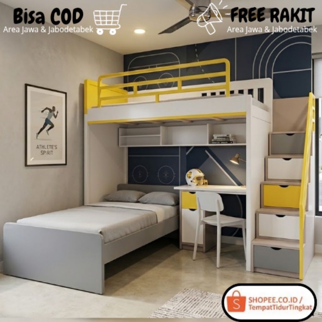 Kasur Tingkat Anak Plus Meja Belajar Hemat Ruang Kamar