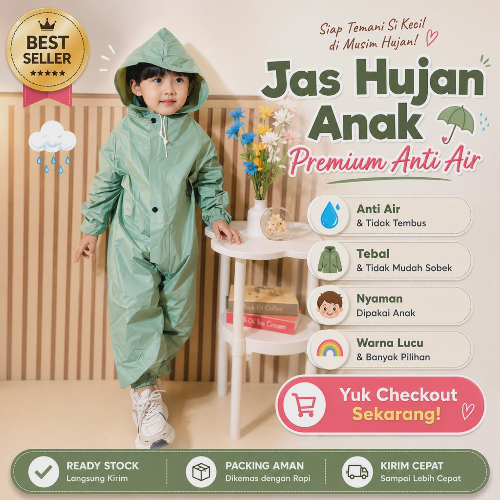 Jas Hujan Anak Laki-Laki Perempuan Model Jumpsuit Tebal Anti Rembes 1 - 5 Tahun