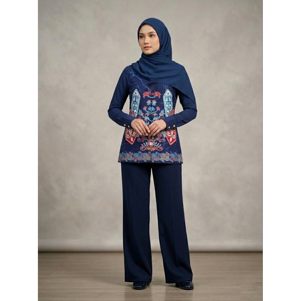 batik wanita blouse motif kalimantan warna biru navy