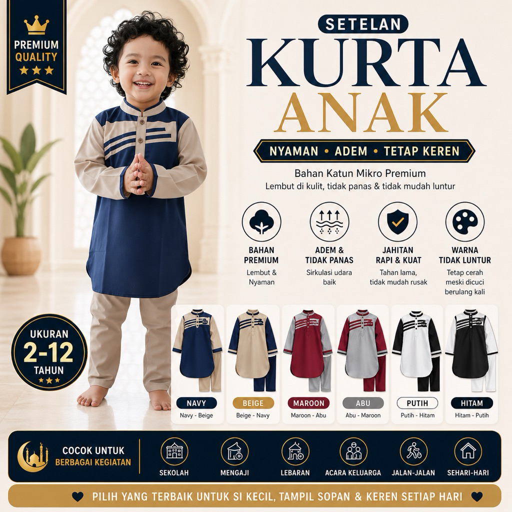 Kurta Anak Laki Laki Premium | Baju Koko Anak Modern Katun Adem Setelan Muslim Anak Usia 2-12 Tahun