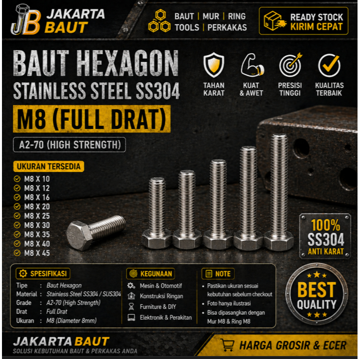 Baut Hex Stainless M8X16 - Baut Hexagon 8X16 / M8 X 16 / 8 X 16  SS304 / SUS304 / A2-70 Full Drat