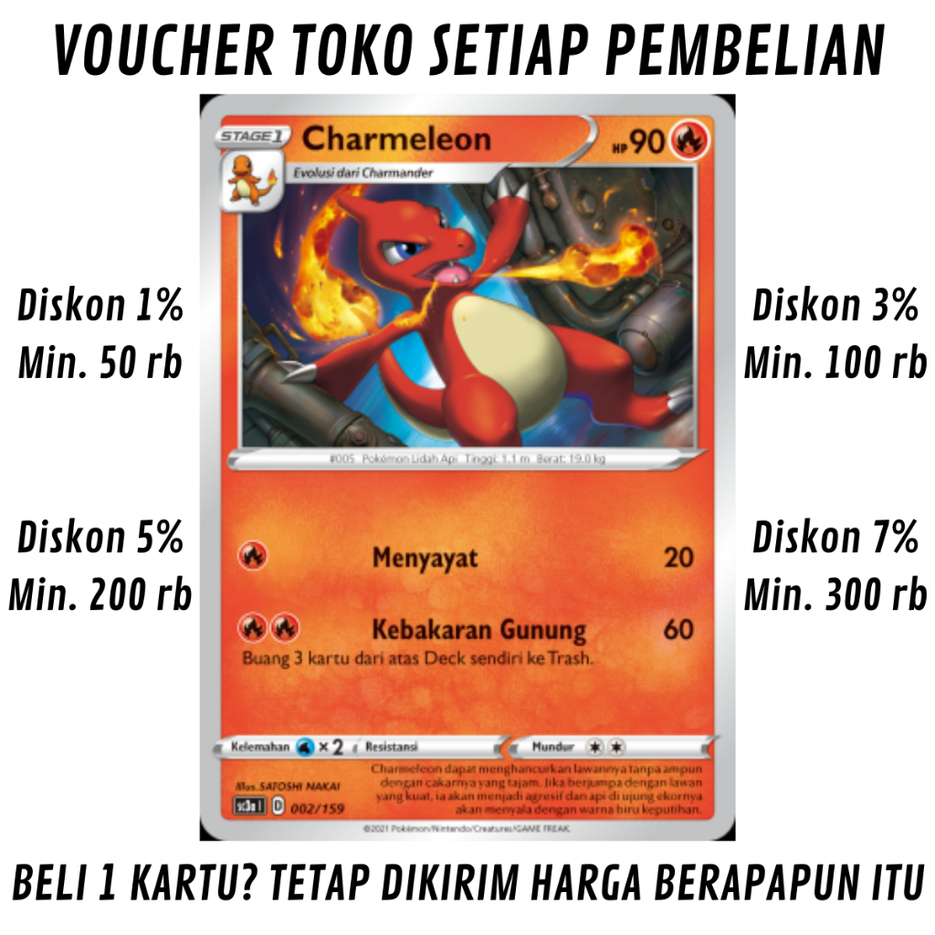 [S10%] Kartu Pokemon TCG Bahasa INDONESIA KONDISI NM (NEAR MINT) = PSA 7 Charmeleon 002/159 Koleksi 