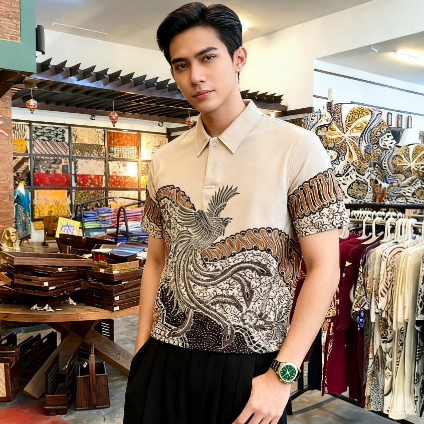 KLAMBEN Kaos Kerah Dewasa Eksklusif Spesial Batik Peksi Anom Coklat Susu
