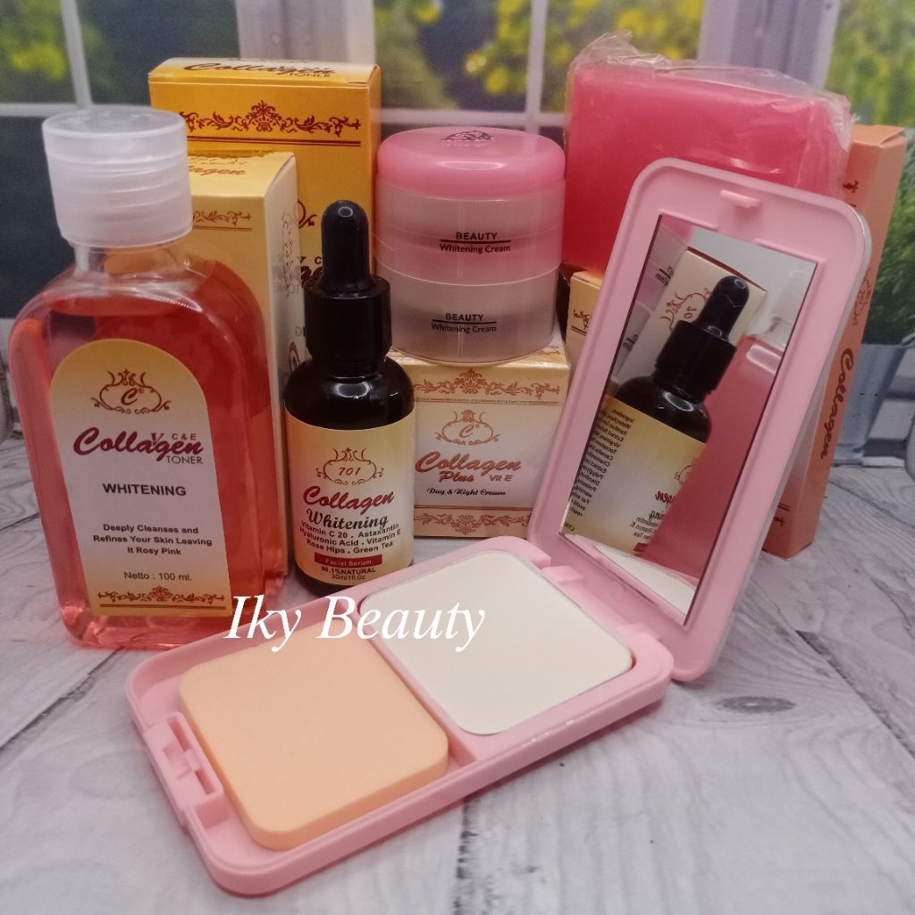 (6in1/LENGKAP) PAKET COLLAGEN ( KRIM SIANG - KRIM MALAM - SERUM - TONER - BEDAK - SABUN )