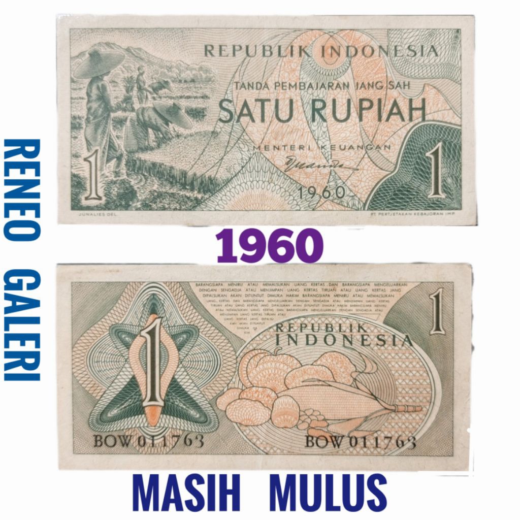 Mulus Asli 1 Rupiah Tahun 1960 Seri Sandang pangan Rp uang kertas kuno Indonesia duit Jadu lawas lam