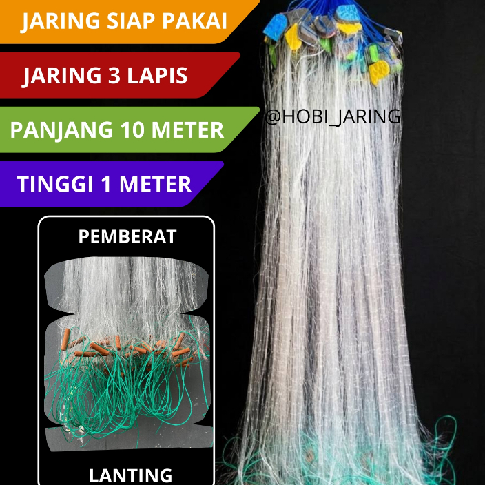 Jaring ikan 3 lapis siap pakai tinggi 1 meter panjang 10 meter pemberat tanah / lanting jaring kanto