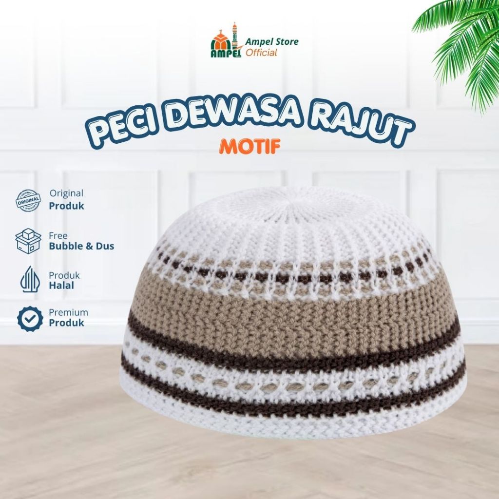 1 KODI (20pcs) Peci Kopiah Rajut Tebal Warna Putih Dan Motif Untuk Oleh Haji Umroh Lentur Size Dewas