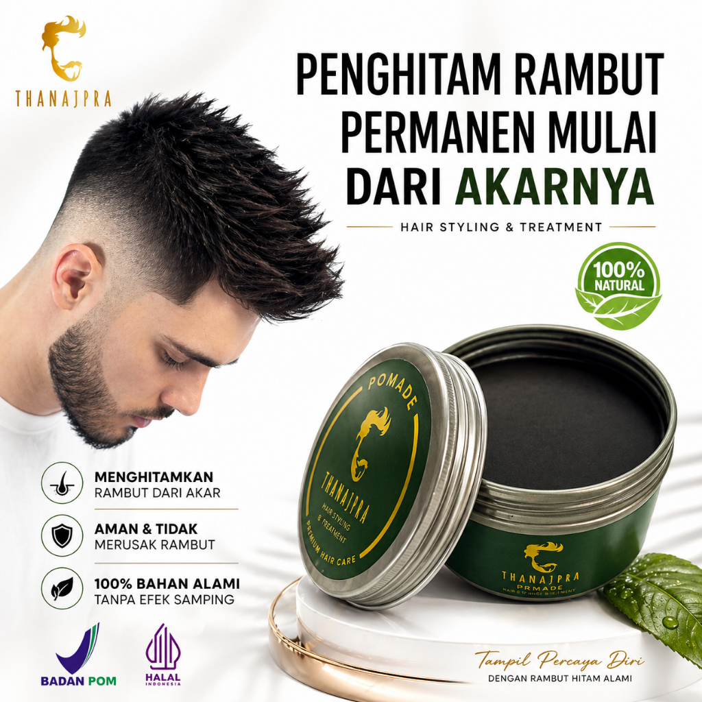 Penghitam rambut permanen penghilang uban bukan semir Thanajpra pomade waterbased halal BPOM