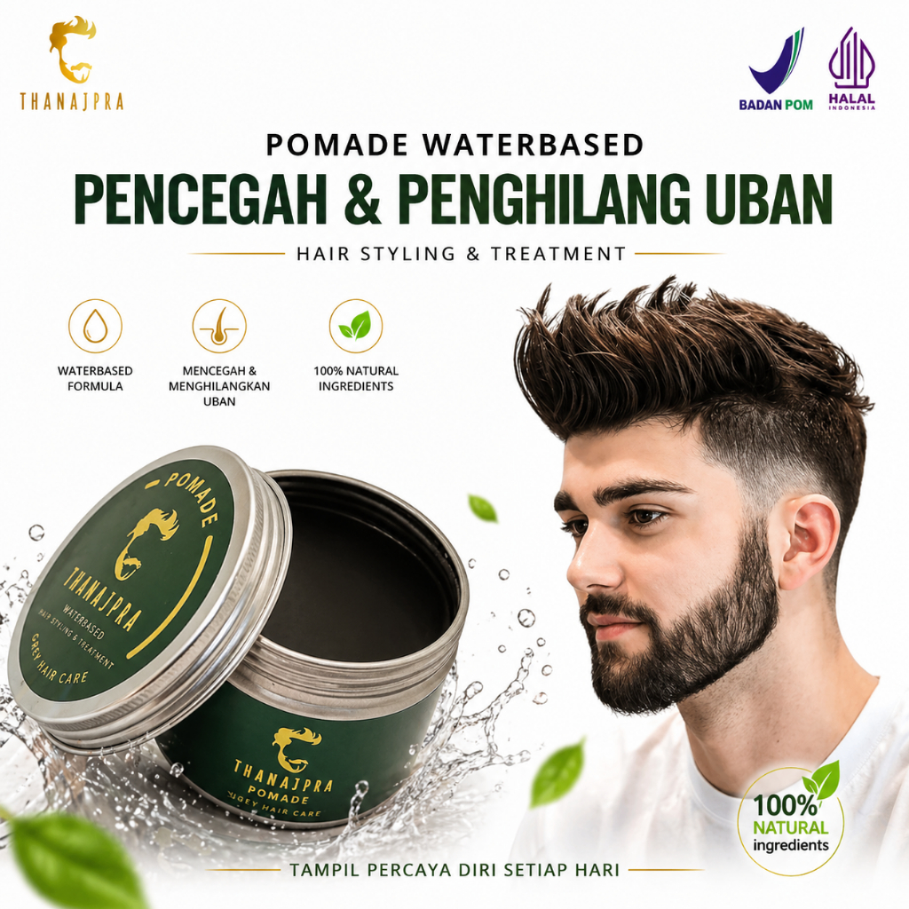 Minyak rambut pria terlihat basah wangi Thanajpra pomade waterbased penghitam uban herbal BPOM