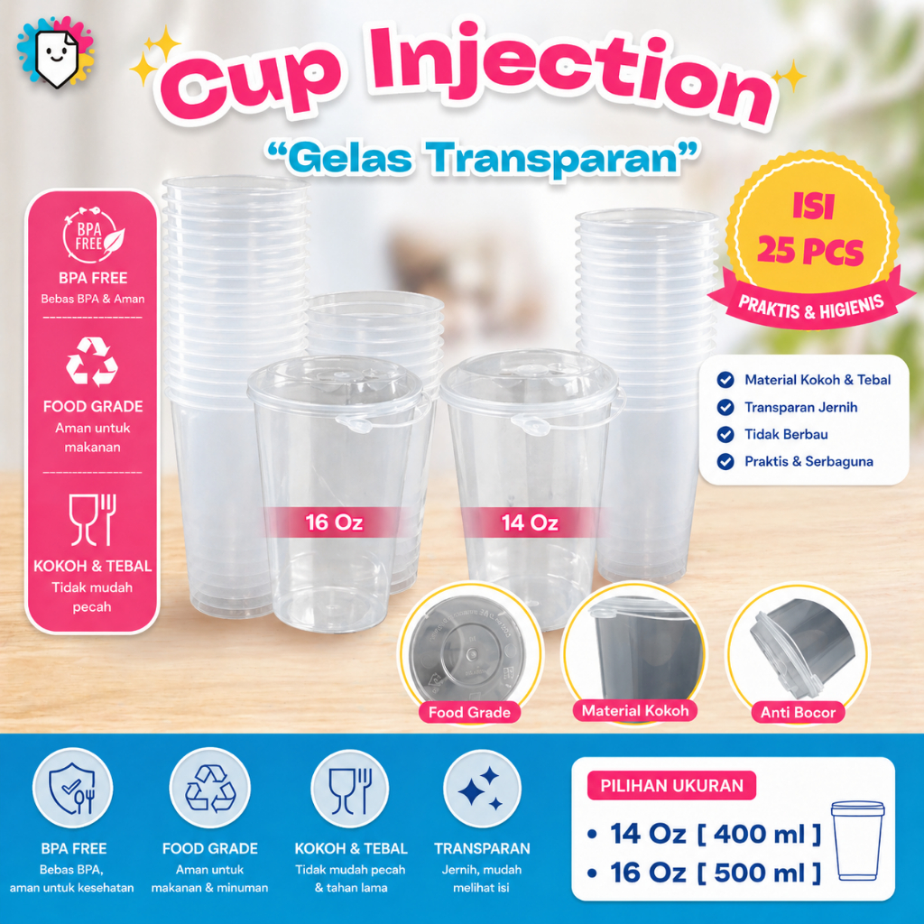 [Paket Hemat Isi 25 PCS] Cup Injection 14oz 16oz +Tutup / Gelas Injection 14oz / Gelas Cup Injection