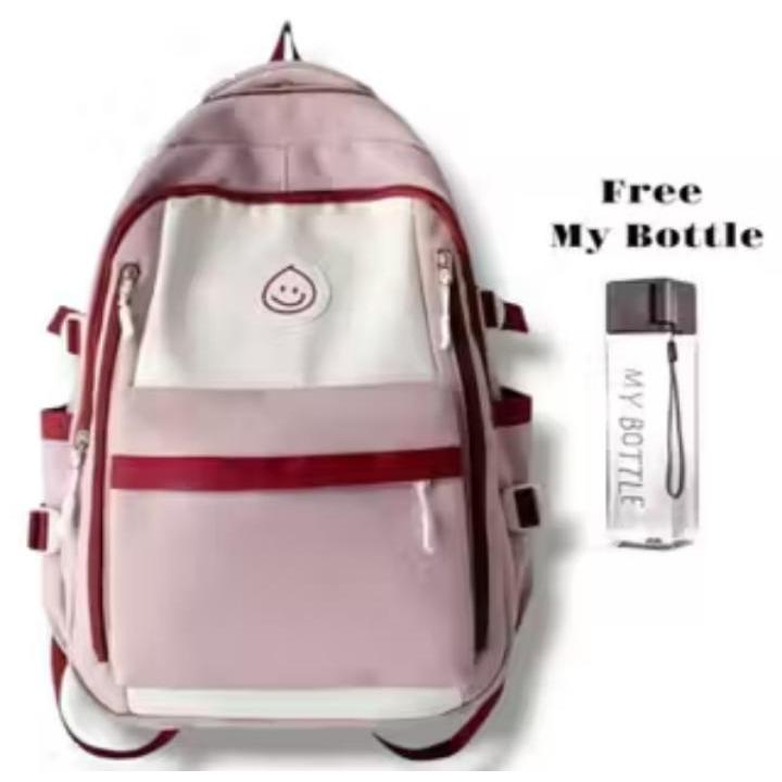 Tas Ransel Wanita Remaja Kekinian Warna Pink Putih + Free My Bottle | Backpack Sekolah SMP SMA Muat 