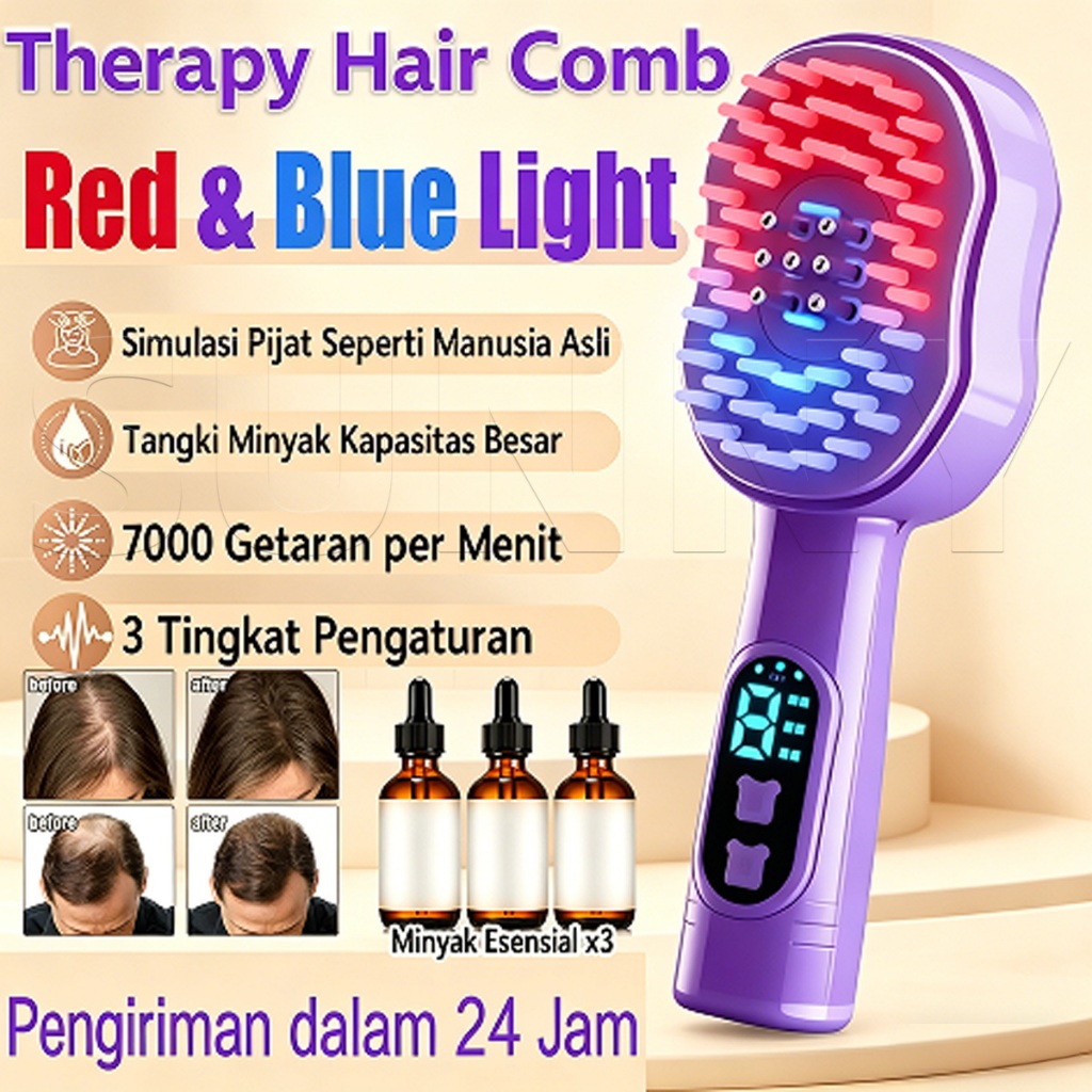 Sisir Pijat Kepala Elektrik Dengan Red Light Therapy Sisir Pijat & Getaran Hair Scalp Massager Brush