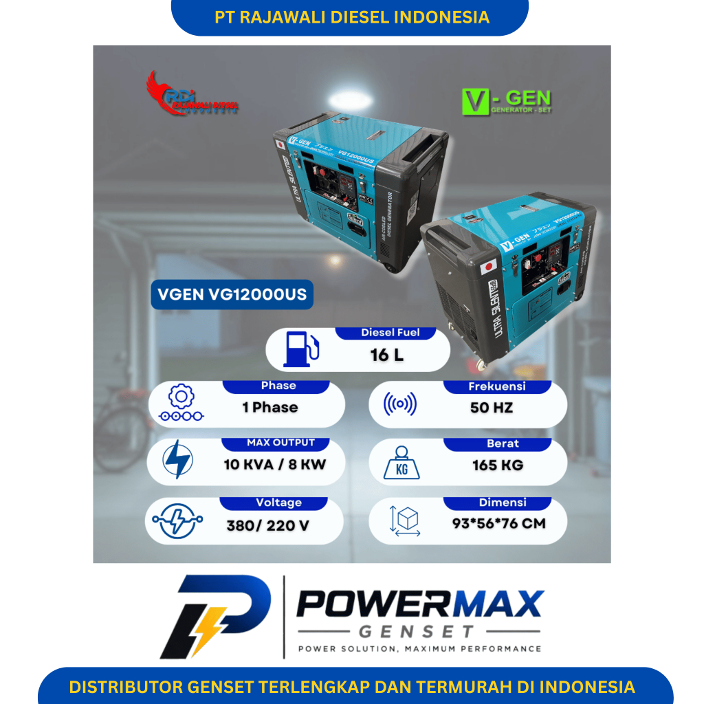 Genset Portable V-GEN VG 12000US 10 KVA 1 Phase Ultra Silent Type Bahan Bakar Diesel 220V Harga Bisa