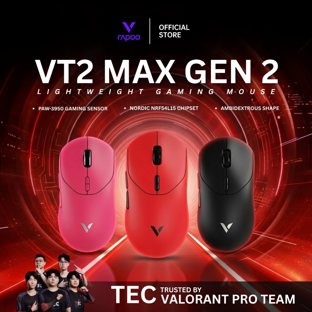 Rapoo VT2/VT-2 MAX Gen-2 Wireless Mouse Gaming 8000Hz Polling Rate Paw3950 Lightweight