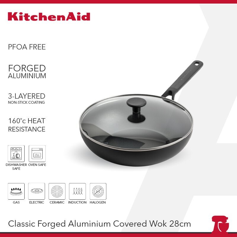 KitchenAid Forged Aluminium Covered Wok with Glass Lid 28 CM - CC006408-001