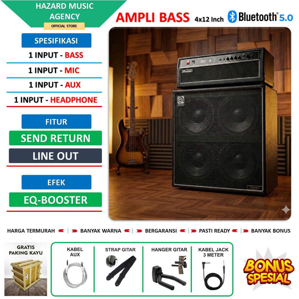 Ampli Bass 4x12 Inch Bluetooth AMPEG bisa untuk karaoke 3 Input Head Cabinet Termurah