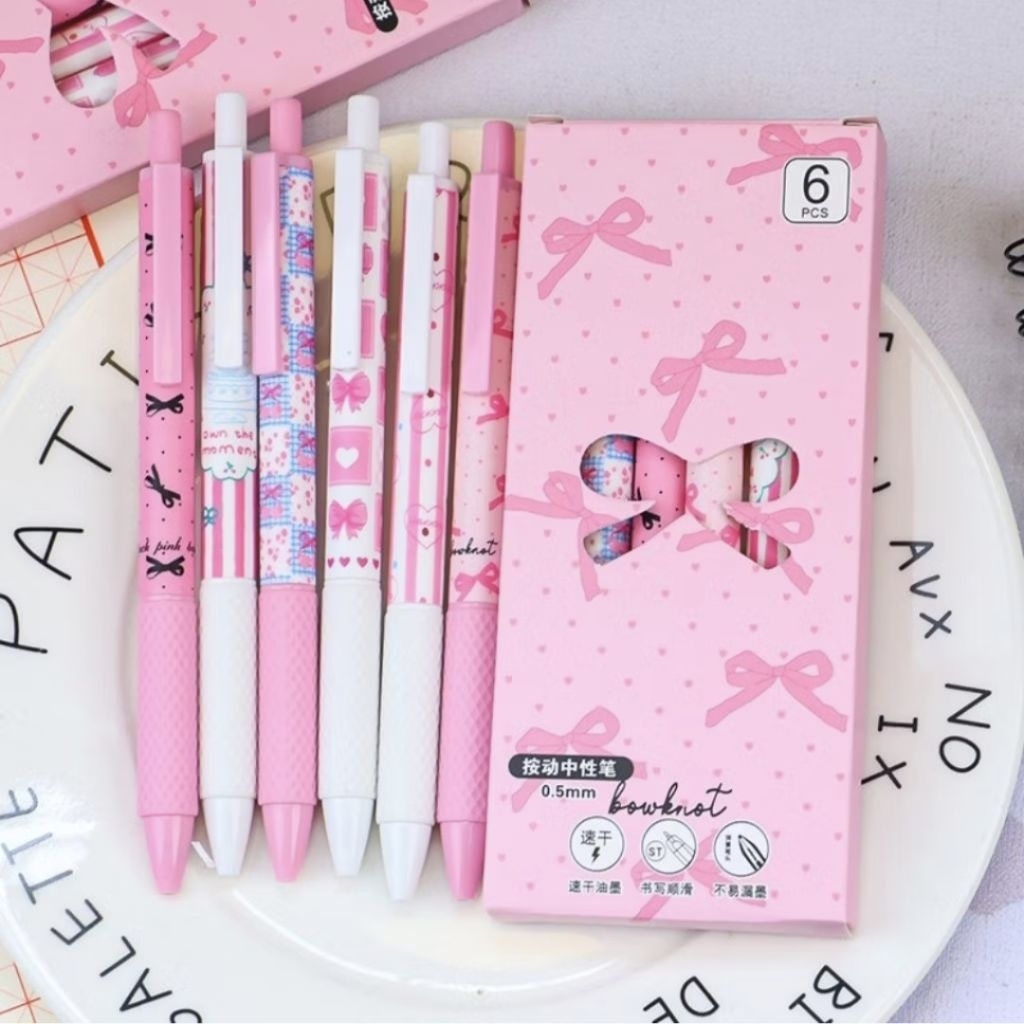 6pcs Set Pulpen Gel Ribbon Pink Pita Lucu Heart Pen Kawaii Aesthetic Tinta Hitam Cepat Kering