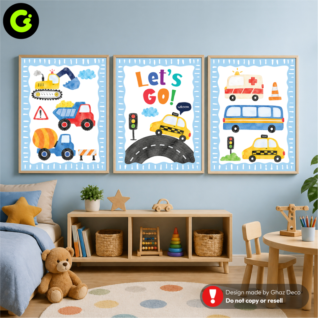 Wall Art Set 3 Panel Hiasan Dinding Kamar Anak Tema Mobil Kendaraan Poster Dekorasi Kamar Anak Laki