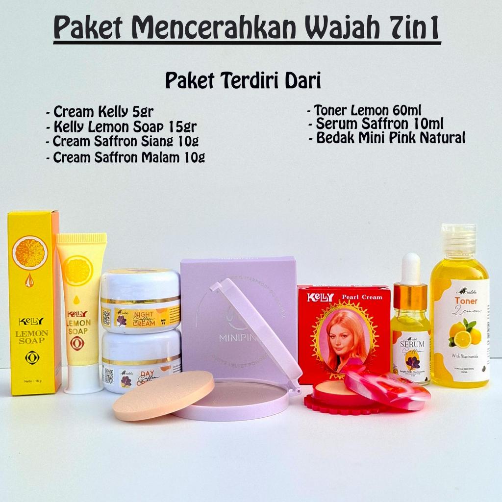 7IN1 Paket Kelly Cream 5gr + Day & Night Cream Saffron + Lemon Soap 15gr+ Bedak Padat Natural Mini P