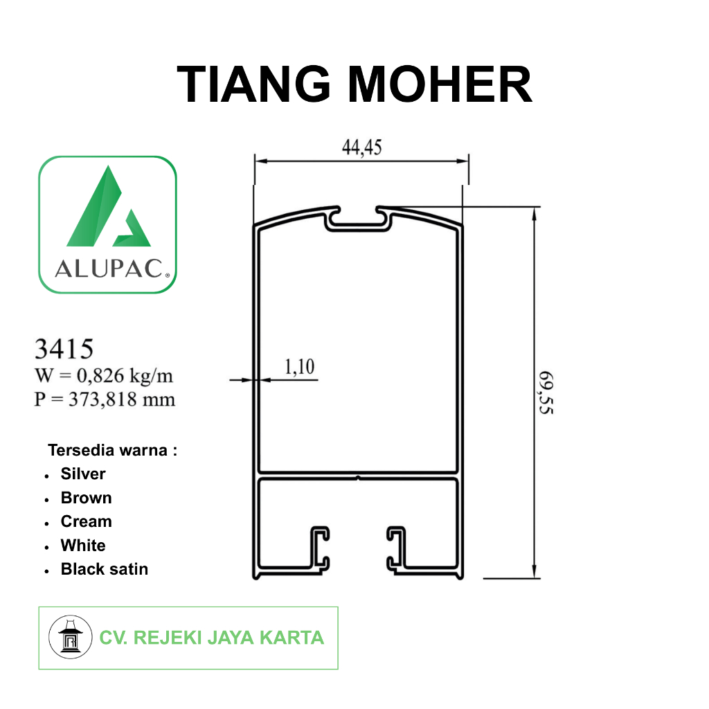 Aluminium Tiang Moher Untuk Pintu Swing Door ALUPRIMA 2m 2,5m 3m Silver Brown Cream White Black Sati