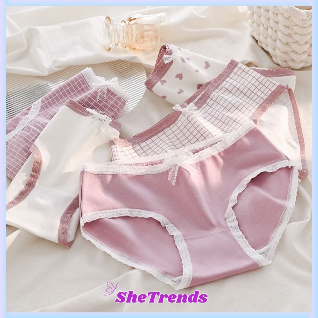 CD2140 Celana Dalam Wanita Motif Pita Putih Lucu Adem Renda Fashion Korea Mauve