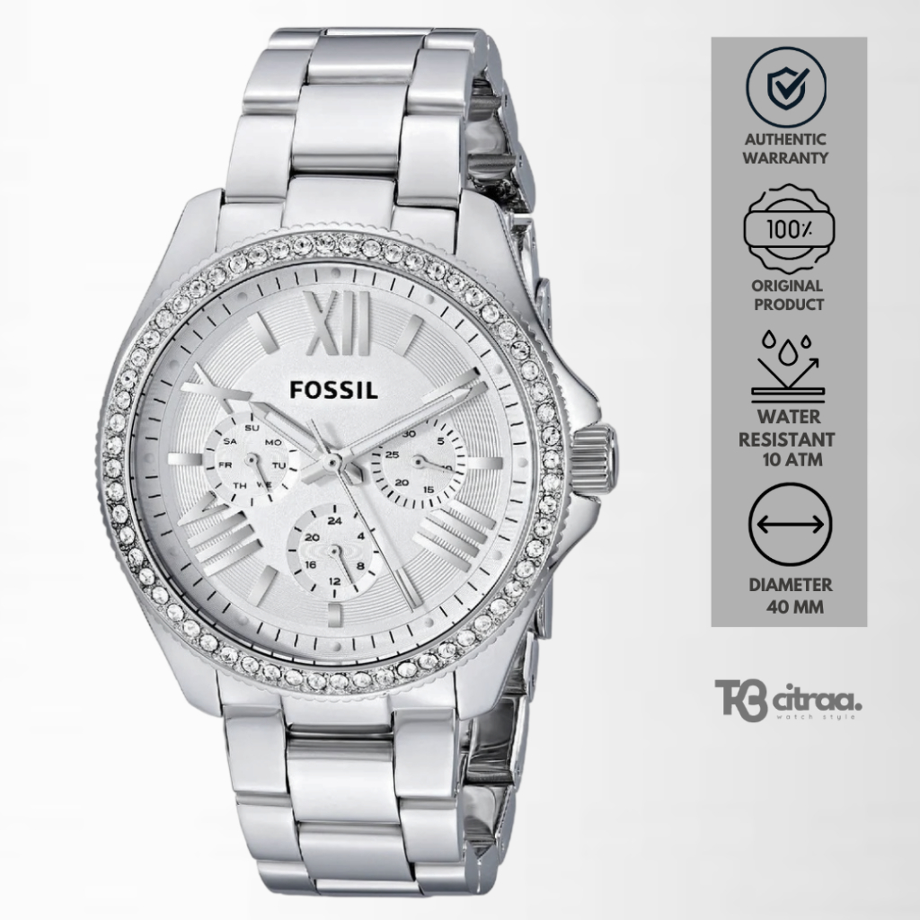 Jam Tangan Wanita Fossil Cecile Chronograph Silver Stainless Steel Mewah Luxury Watch Original AM448