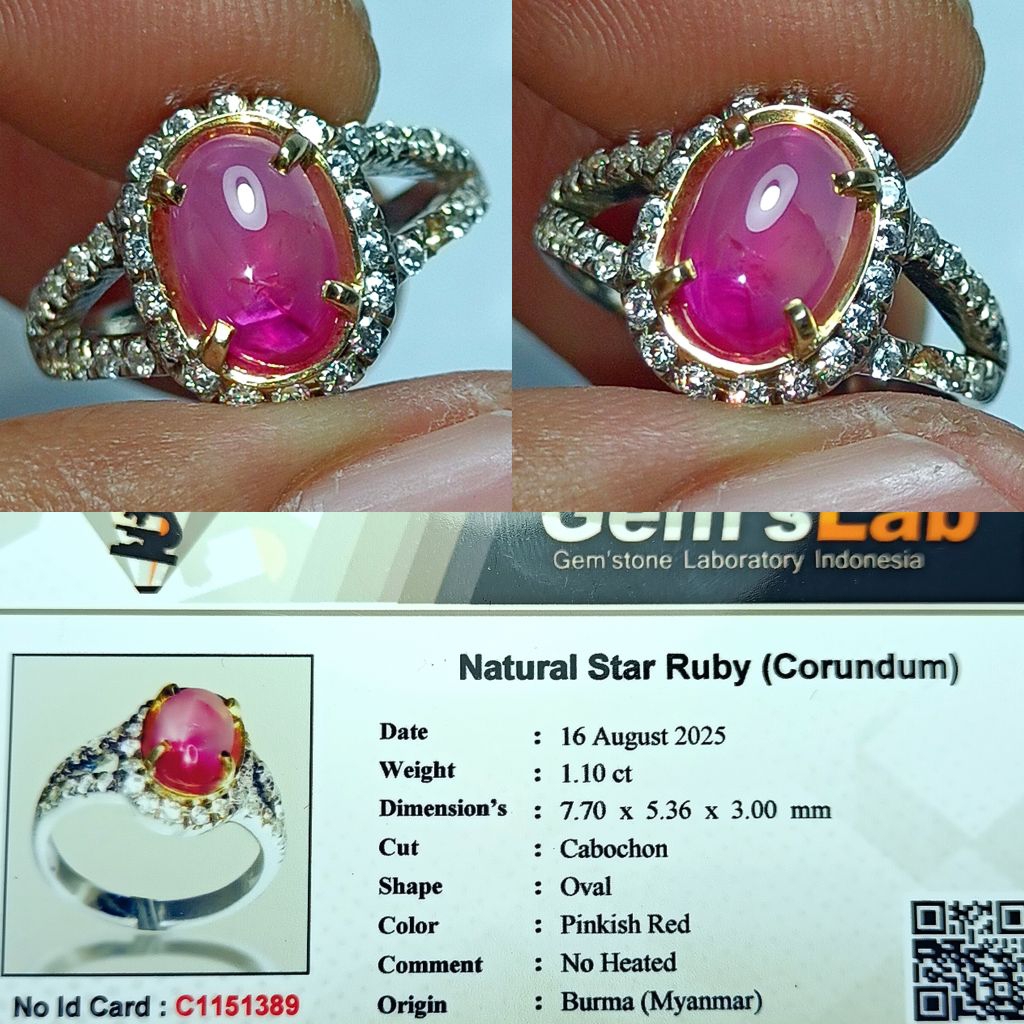 NATURAL STAR RUBY BURMA 1.10 CARAT NO HEATED PINKISH RED RING LADIES PERAK MEMO GLI LAB