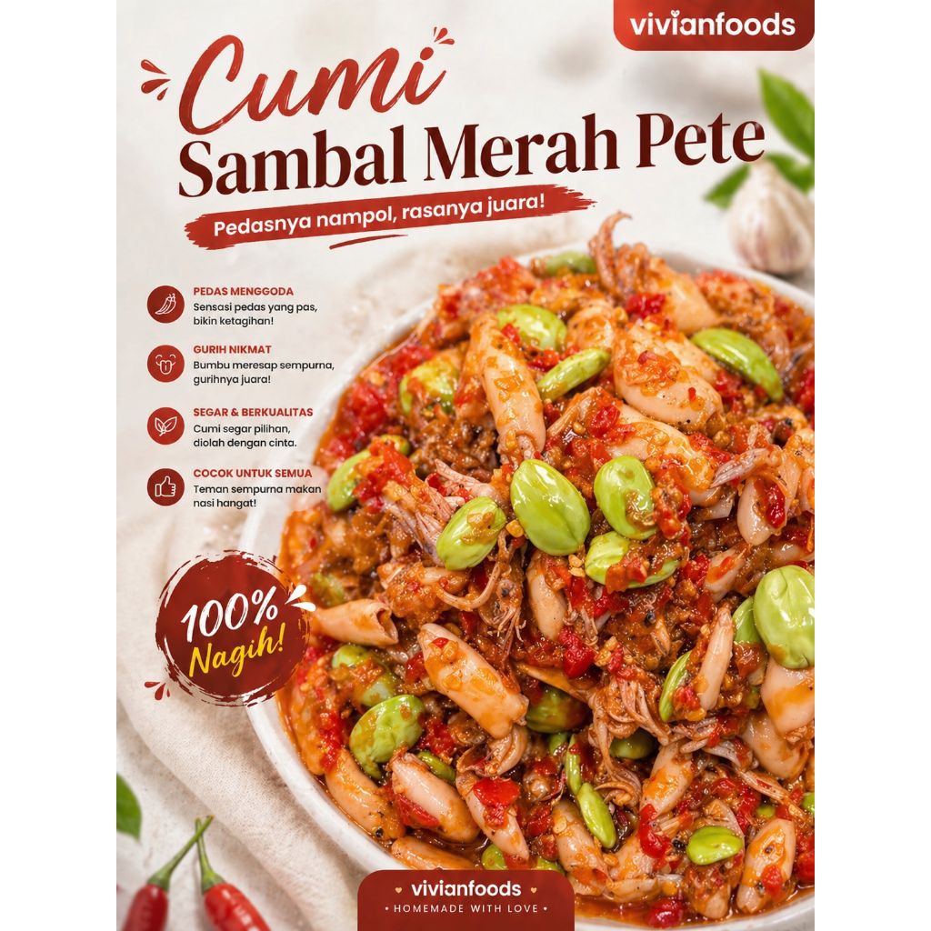 vivianfoods - baby cumi sambal merah pete, 250gram