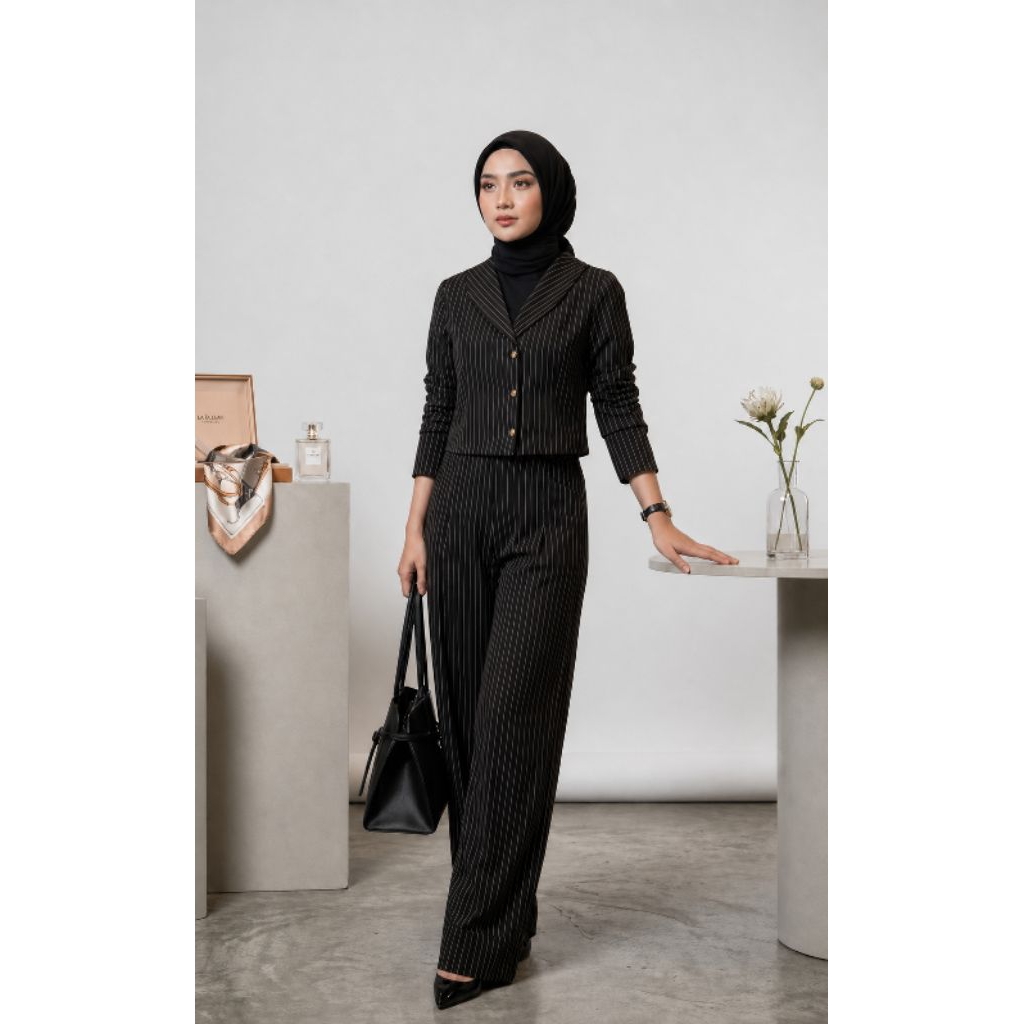Setelan Blazer pinstripe semiwoll Premium One set wanita Hijab Friendly celana Highwaist Slimming Lo