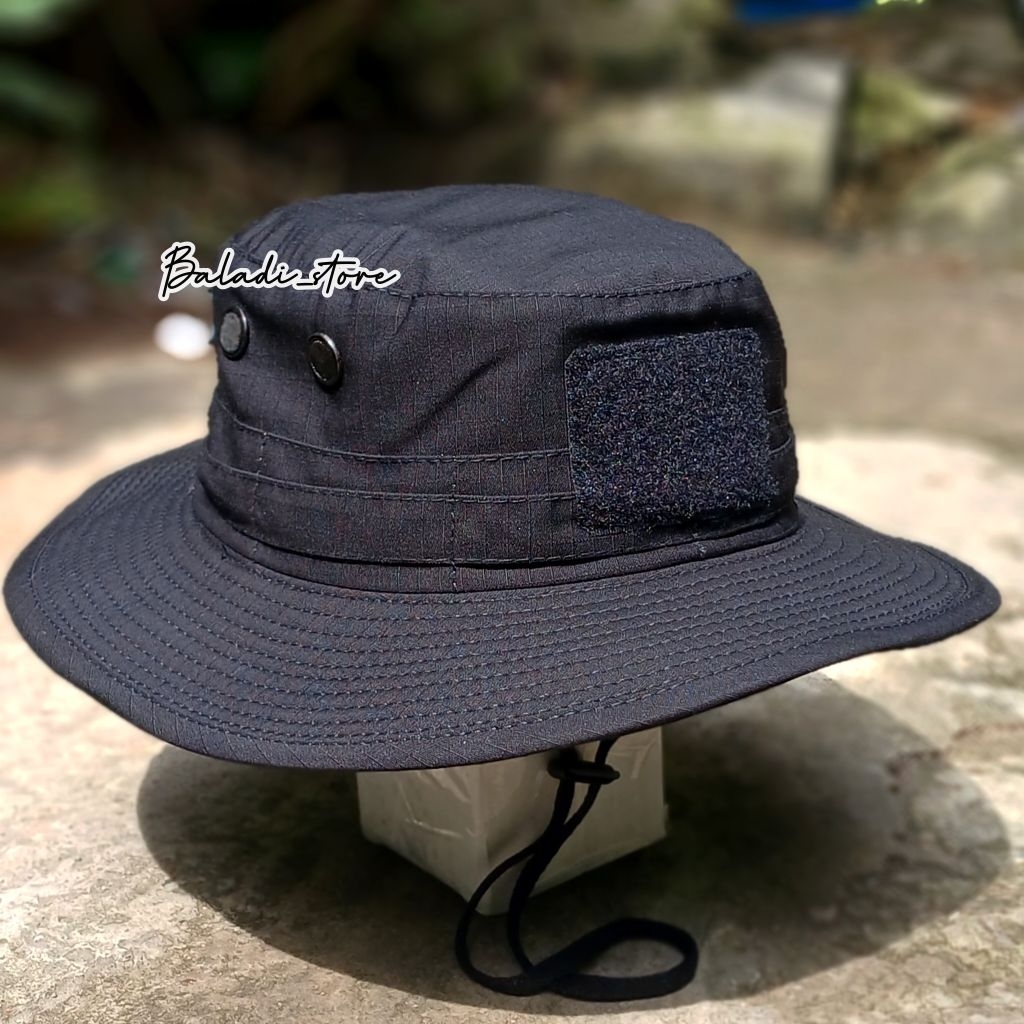 topi rimba tactical lapangan polos full ripstop cotton caps velcro kawat  topi rimba tactical hitam 