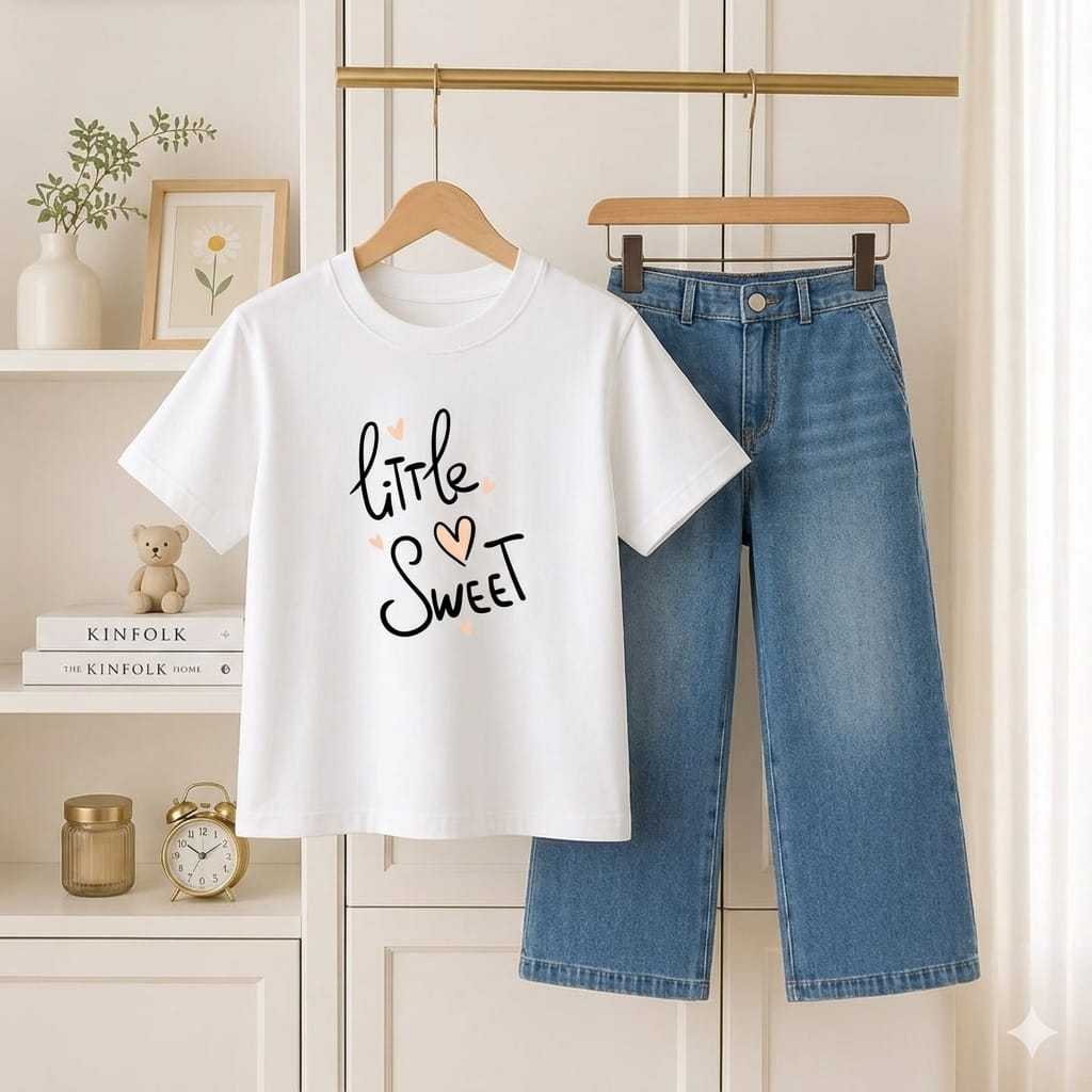 Setelan Baju Anak Perempuan Little Sweet Putih & Celana Jeans Denim Highwaist Kulot 1-12 Tahun - Set