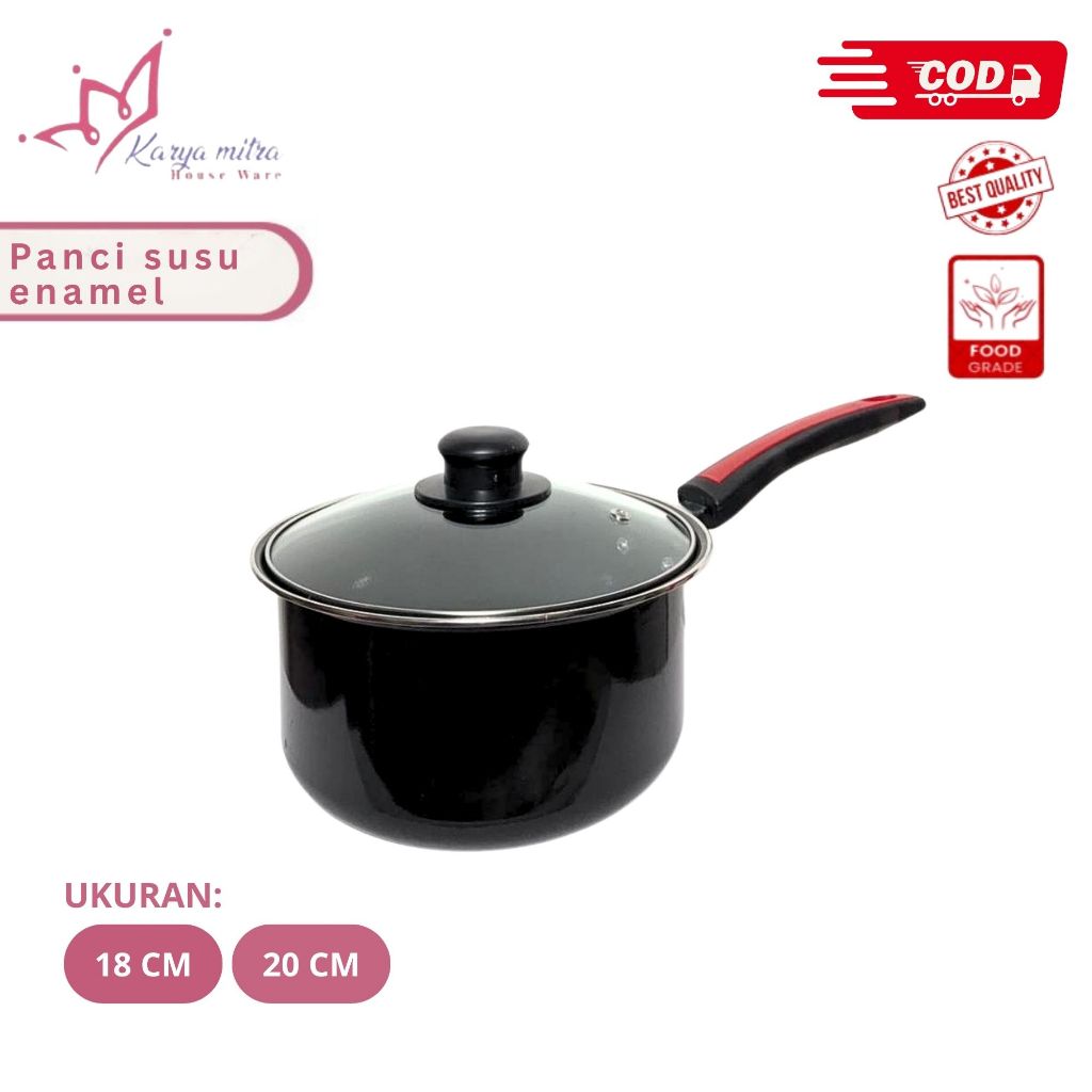 Panci Susu Enamel 18cm dan 20cm Tutup Kaca Anti Lengket/panci susu enamel/panci kuah