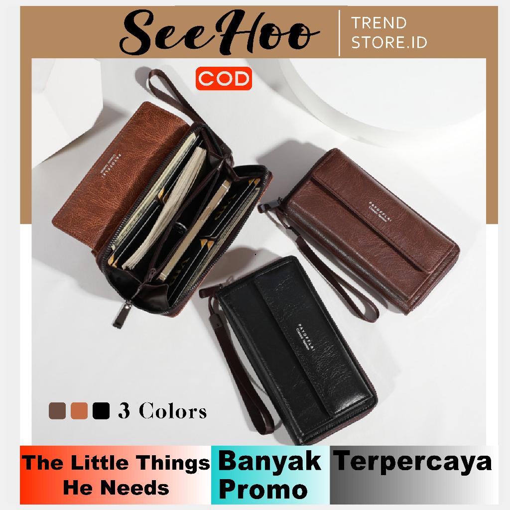 SEEHOO Dompet Pria Panjang Dompet hp dan uang Kulit Gaya Retro Kapasitas Tinggi Dompet Lipat