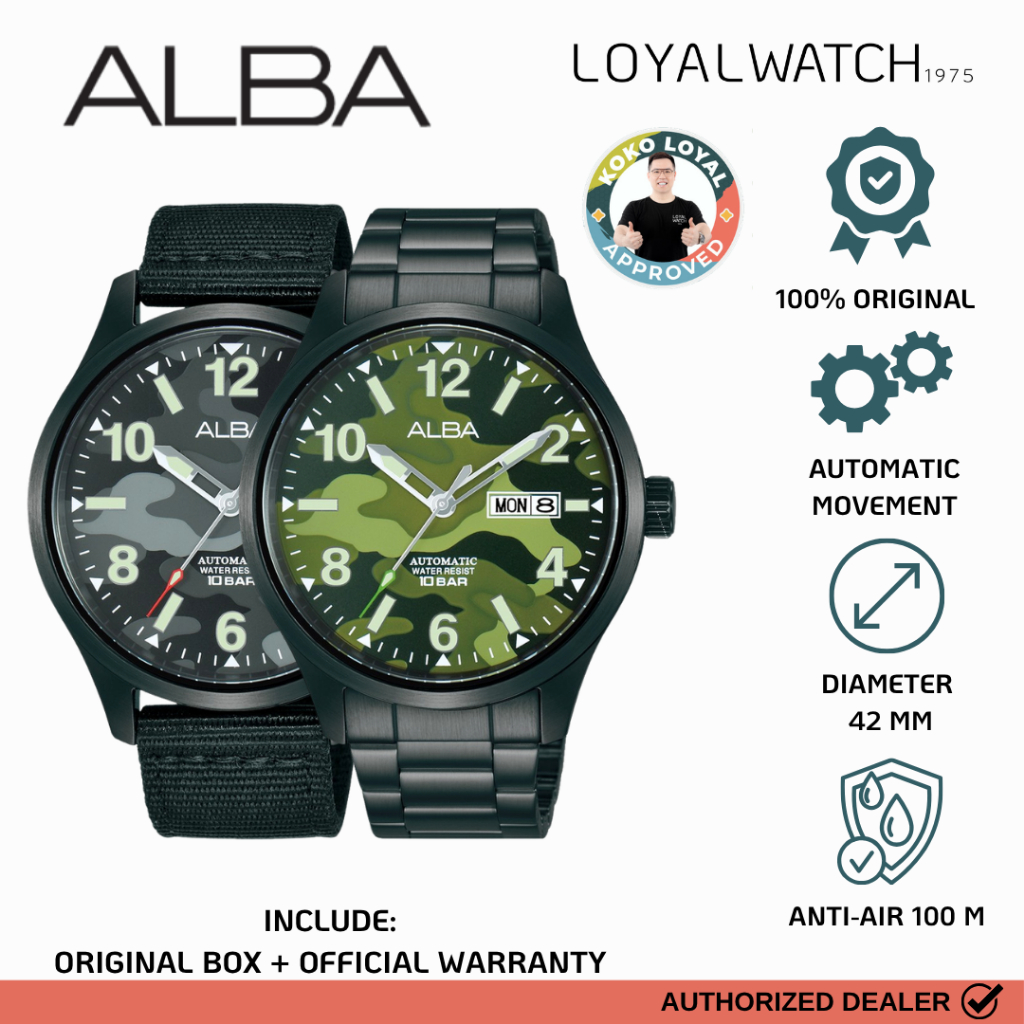 Jam Tangan Alba Mechanical Military Pria AL4311 AL4313 Black Canvas / Stainless Steel Original Garan