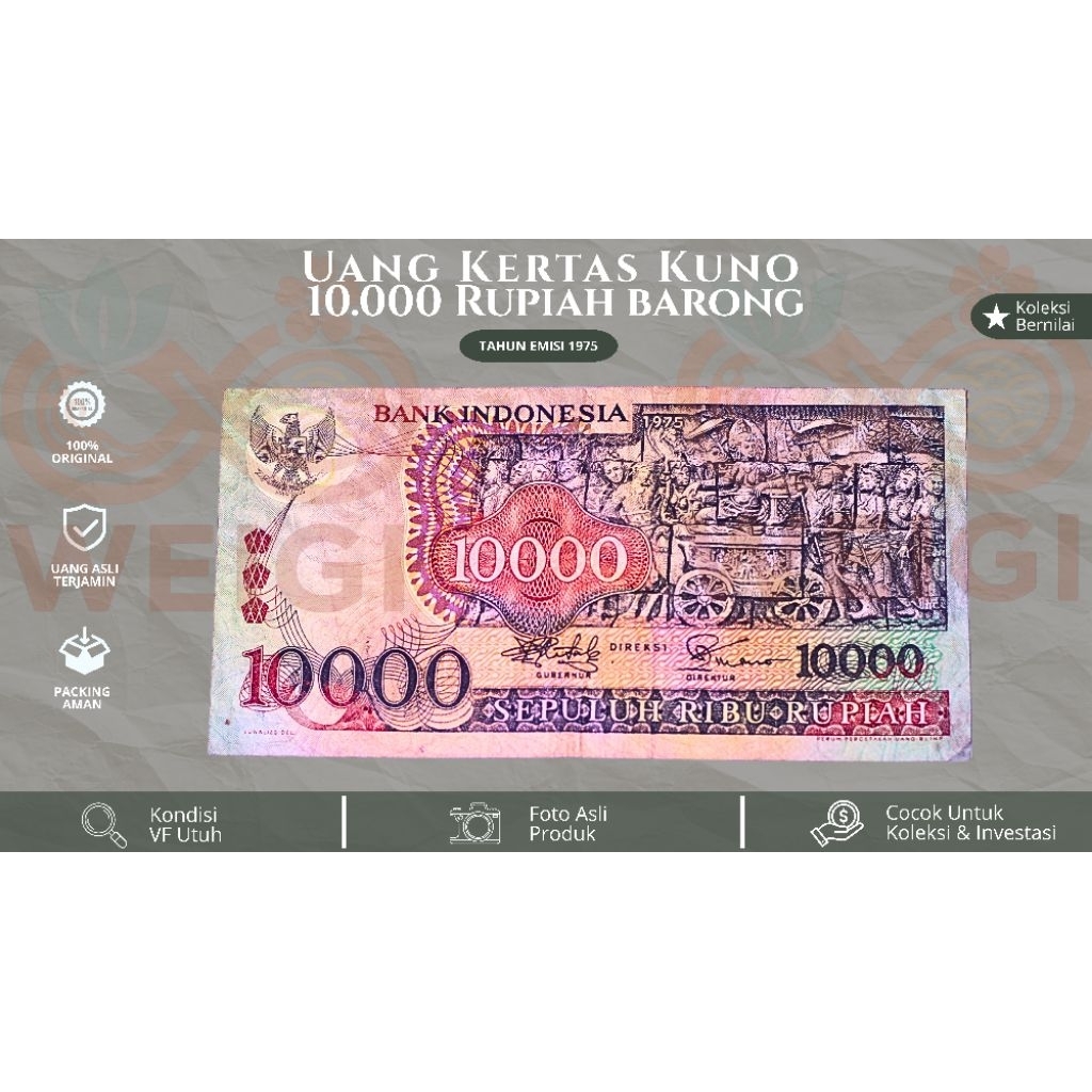 Uang Kertas Kuno 10.000 Tahun 1975 Barong Asli – Koleksi Langka Uang Lama Indonesia VF Utuh