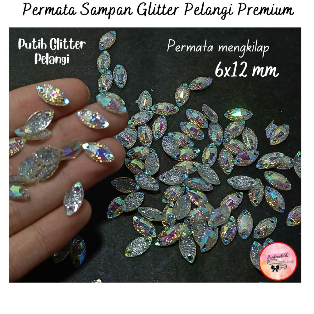 Diamond Permata Sampan Runcing Glitter Pelangi Payet Kristal Mote Jahit Premium 6x12 mm 100 pcs