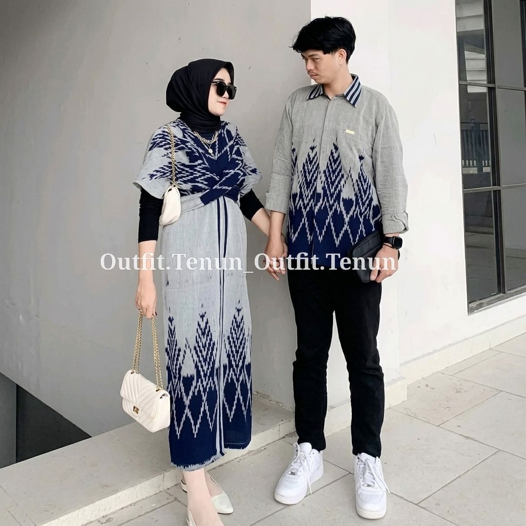 Set Couple Clara Dres Abu Navy Cemara baju pasangan pria wanita kondangan prewedding guru kartinian 