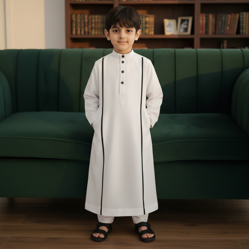 Jubah Anak Laki-Laki Gamis Manasik Haji TK PAUD RA Usia 2-10 Tahun Putih Strip Hitam