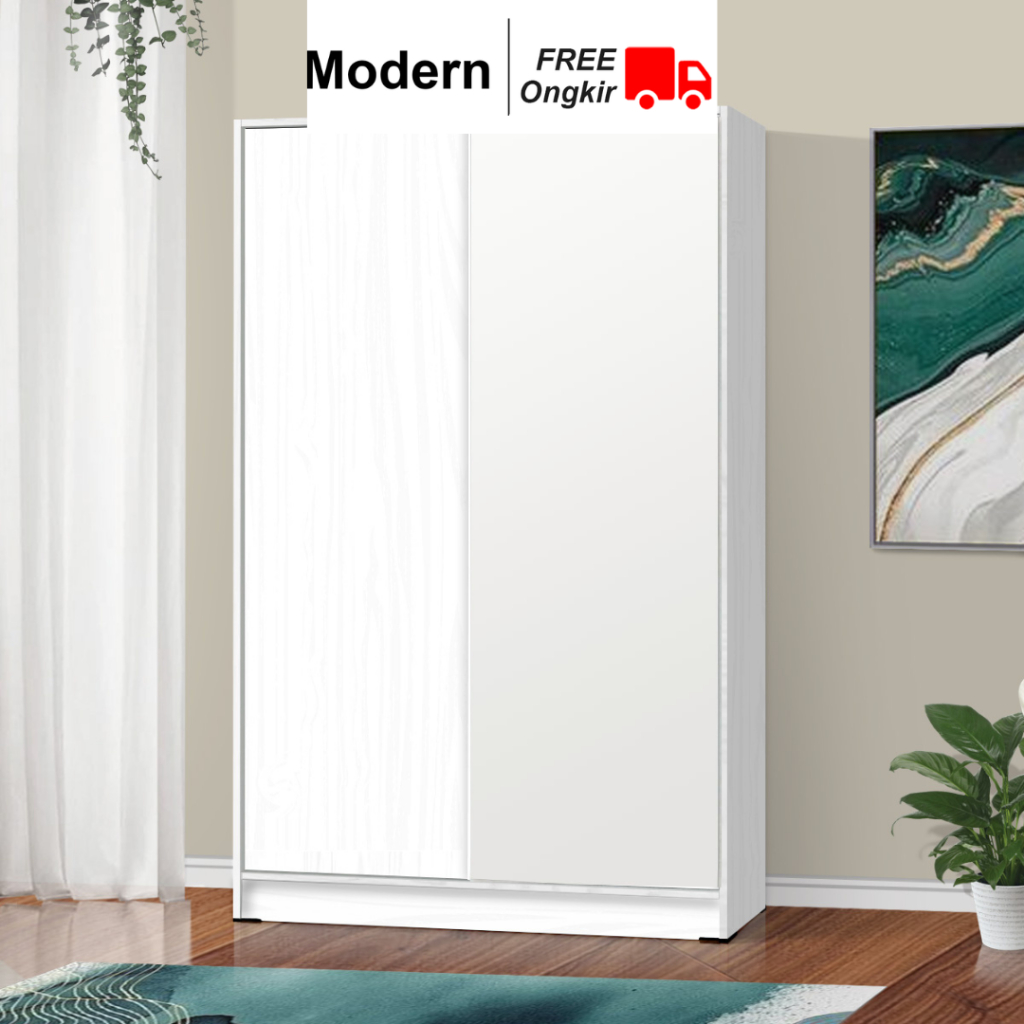 MODERN Arkansas - Lemari Pakaian Kayu Sliding / Geser 2 Pintu Putih Minimalis